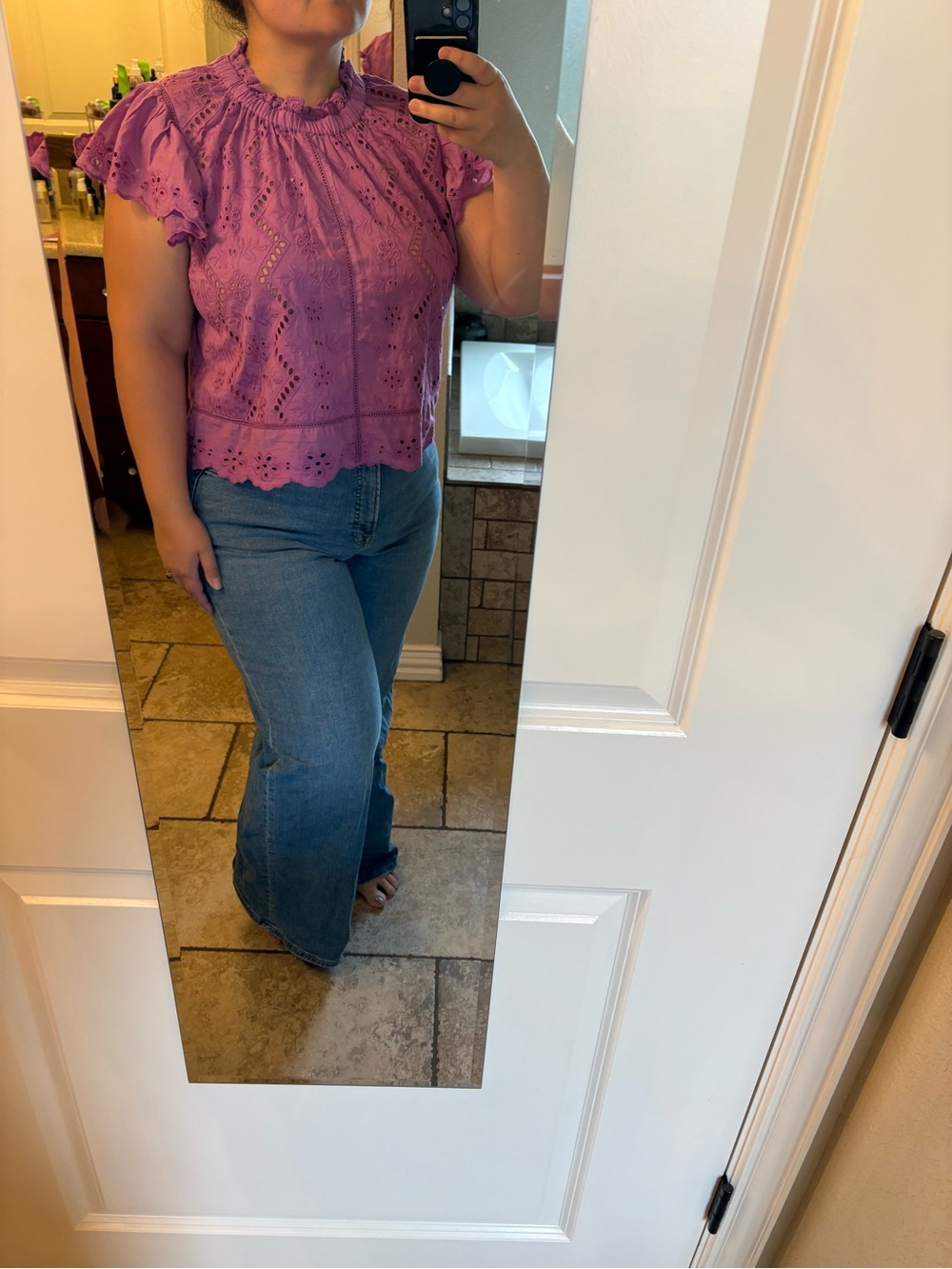 Eyelet Ruffle Neck Blouse - Lavender Purple - Picture 6 of 7